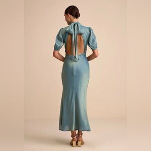 NWT Lulus Talira Light Blue & Gold Satin Lurex Mock Neck Cutout Maxi Dress - S